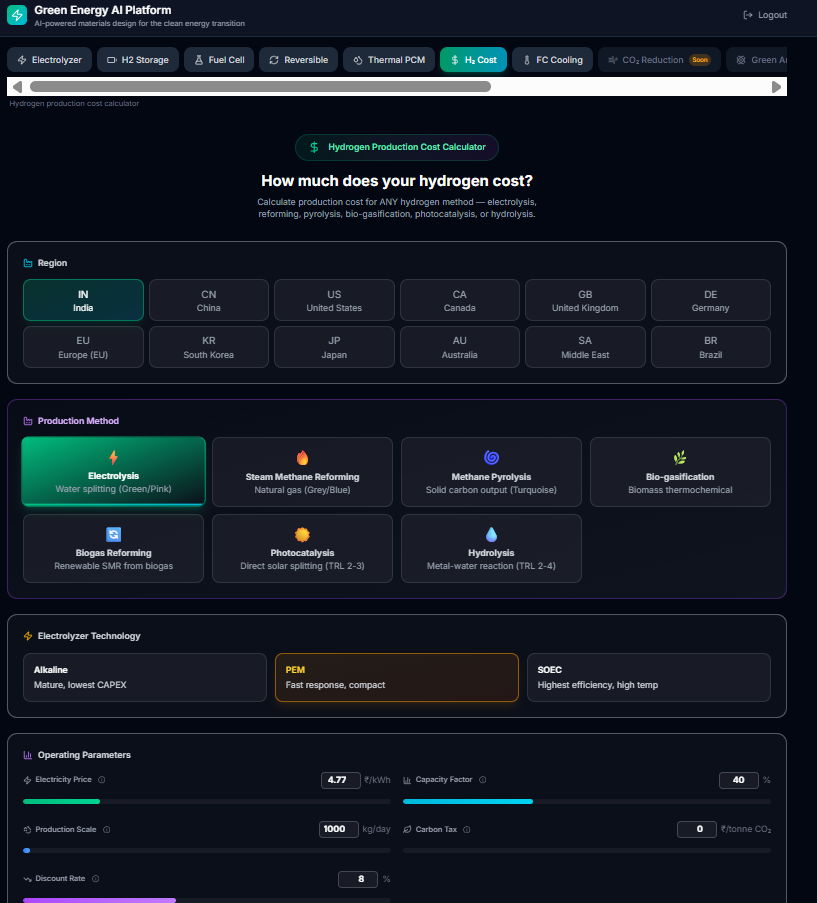 Green Energy AI H₂ Cost module screen